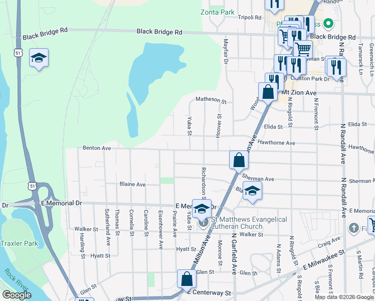map of restaurants, bars, coffee shops, grocery stores, and more near 828 Benton Avenue in Janesville