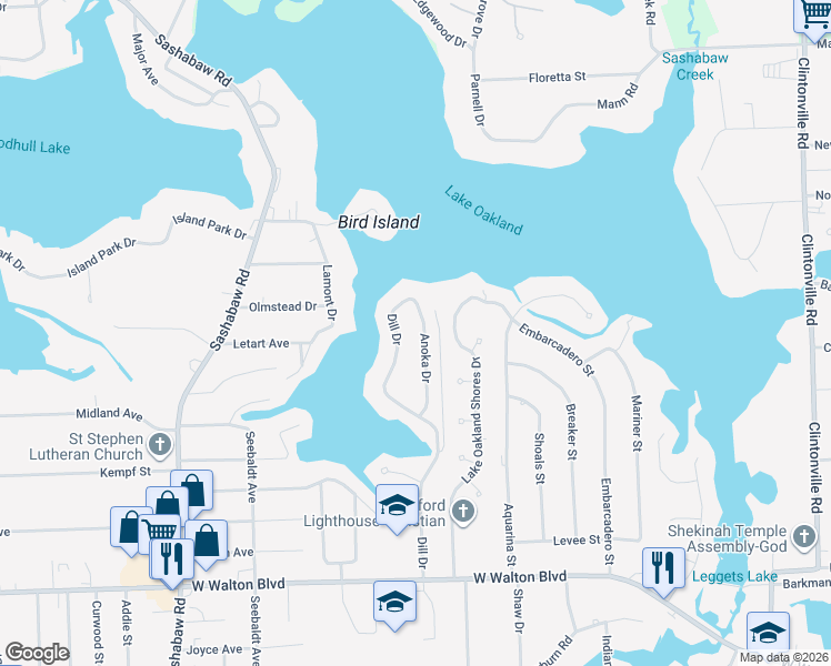 map of restaurants, bars, coffee shops, grocery stores, and more near 3935 Anoka Drive in Waterford Township