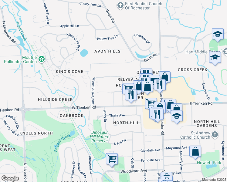 map of restaurants, bars, coffee shops, grocery stores, and more near 1685 Bedford Square Drive in Rochester Hills