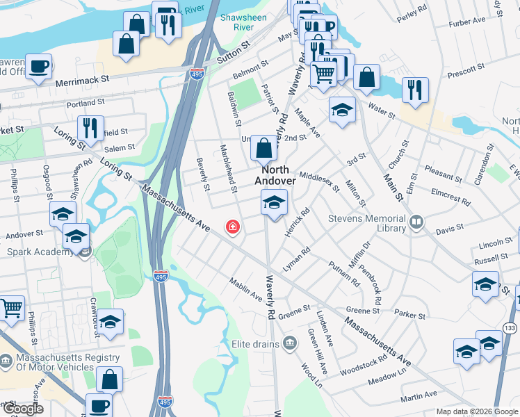 map of restaurants, bars, coffee shops, grocery stores, and more near 219 Waverly Road in North Andover