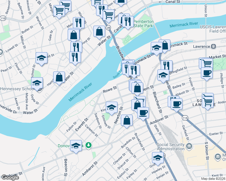 map of restaurants, bars, coffee shops, grocery stores, and more near 4/6 Newton Street in Lawrence