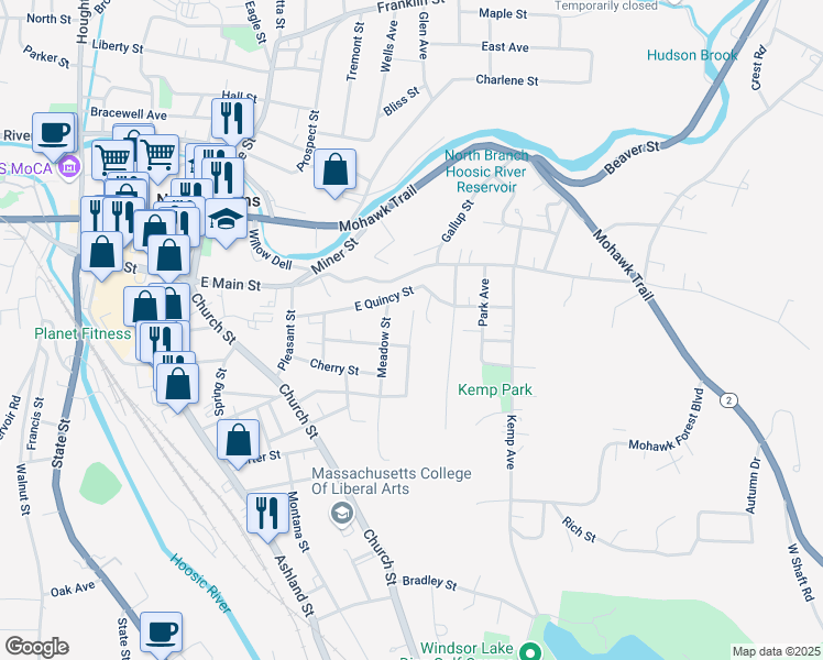 map of restaurants, bars, coffee shops, grocery stores, and more near 23 Yale Street in North Adams