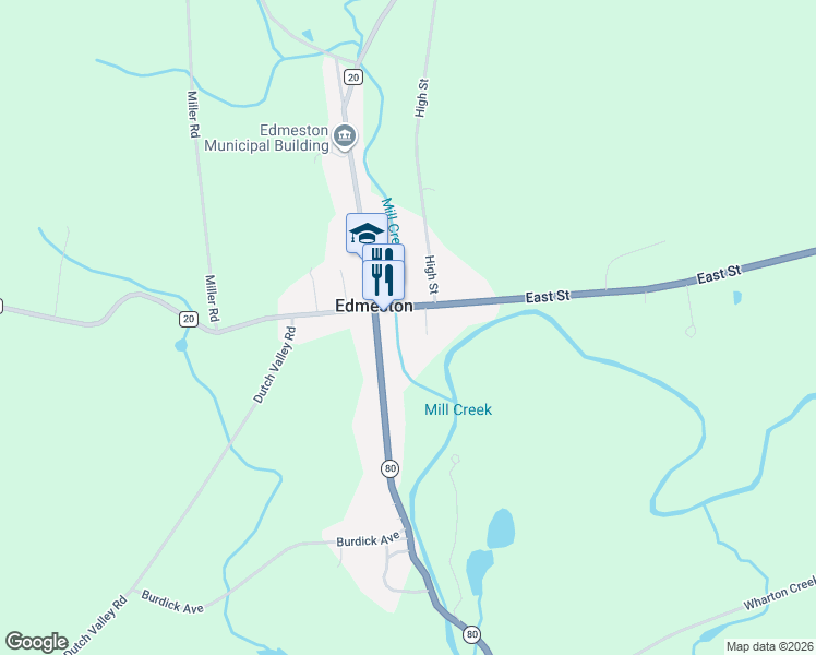 map of restaurants, bars, coffee shops, grocery stores, and more near 6 East Street in Edmeston