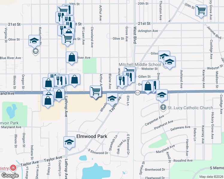 map of restaurants, bars, coffee shops, grocery stores, and more near 2904 Hayes Avenue in Racine
