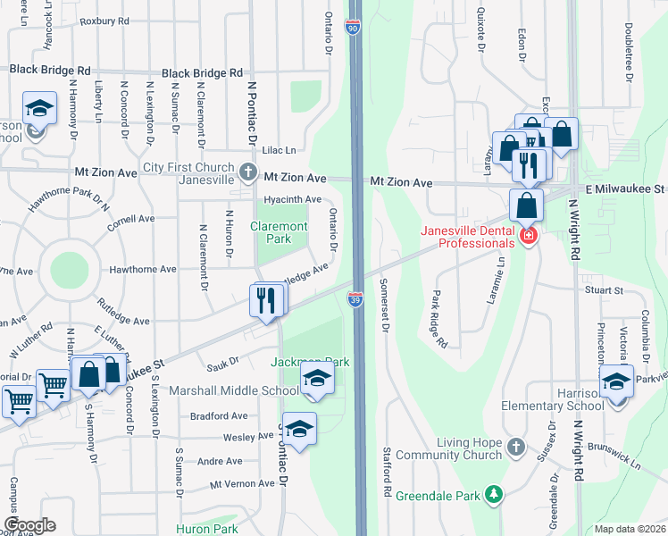 map of restaurants, bars, coffee shops, grocery stores, and more near 1108 Ontario Drive in Janesville