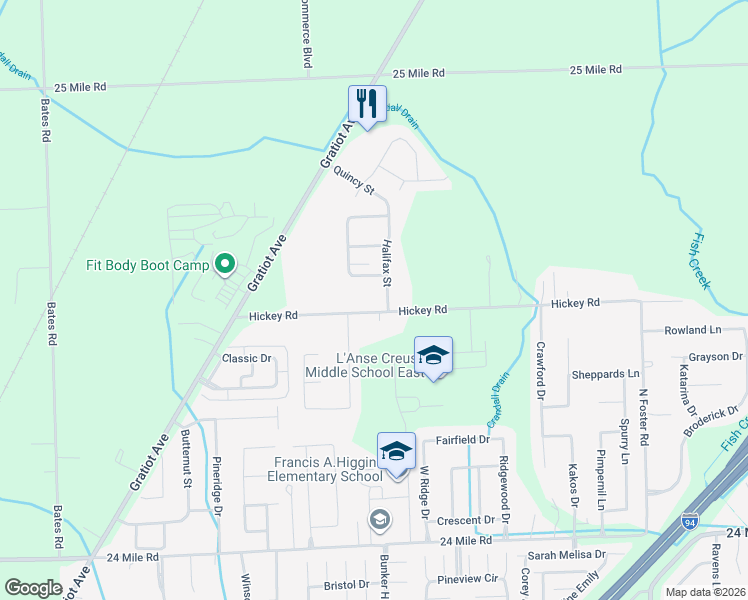 map of restaurants, bars, coffee shops, grocery stores, and more near 29743 Hickey Road in New Baltimore