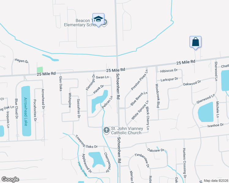 map of restaurants, bars, coffee shops, grocery stores, and more near 54781 Pelican Lane in Macomb County