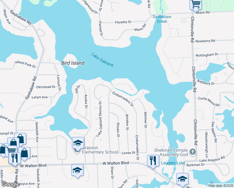 map of restaurants, bars, coffee shops, grocery stores, and more near 3970 Embarcadero Street in Waterford Township