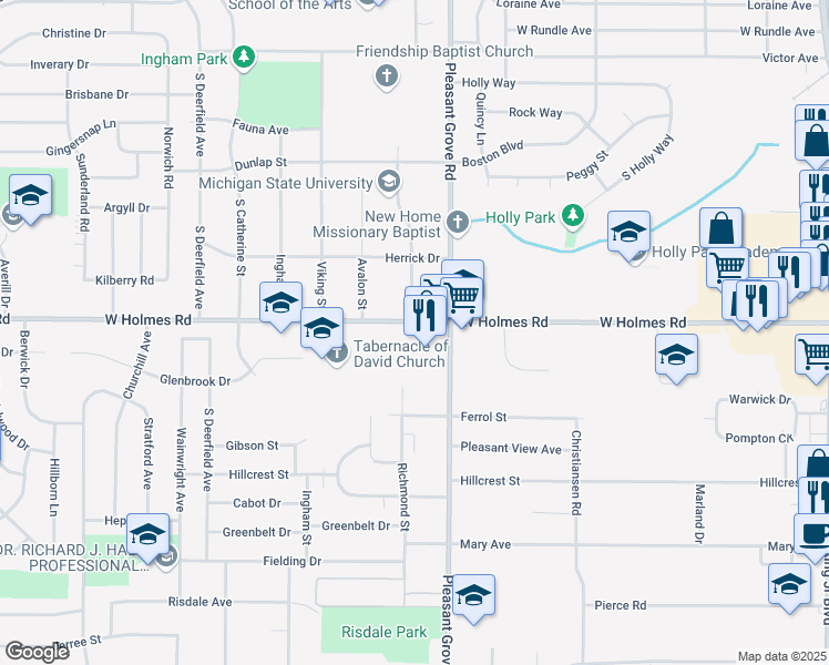 map of restaurants, bars, coffee shops, grocery stores, and more near 2227 West Holmes Road in Lansing