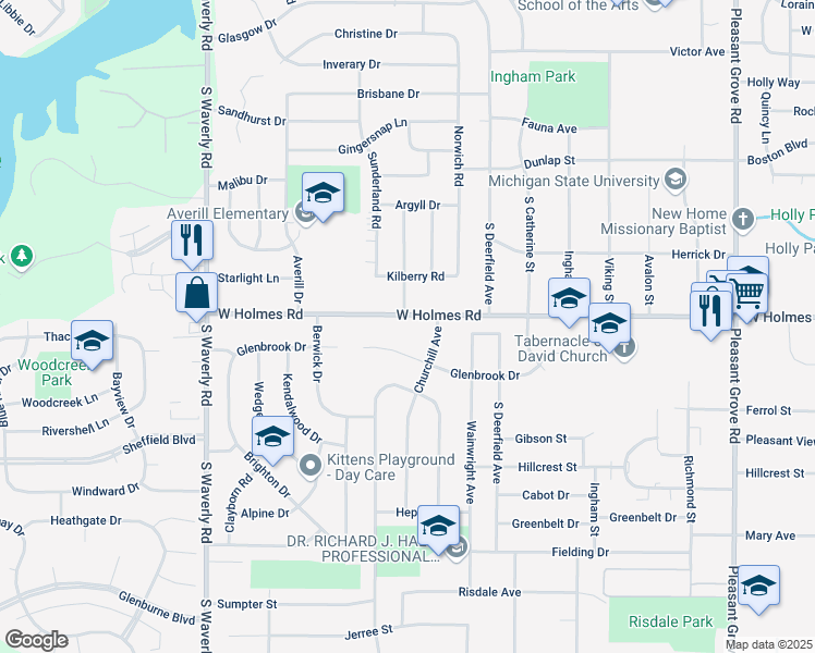 map of restaurants, bars, coffee shops, grocery stores, and more near 3325 West Holmes Road in Lansing