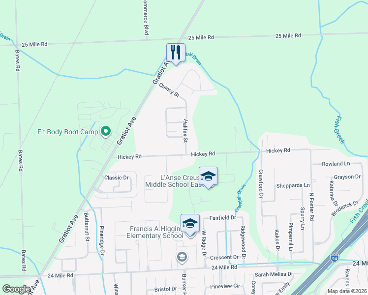 map of restaurants, bars, coffee shops, grocery stores, and more near 29743 Hickey Road in New Baltimore