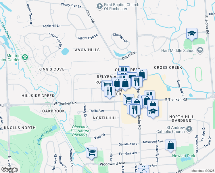 map of restaurants, bars, coffee shops, grocery stores, and more near 1125 Tienken Court in Rochester Hills