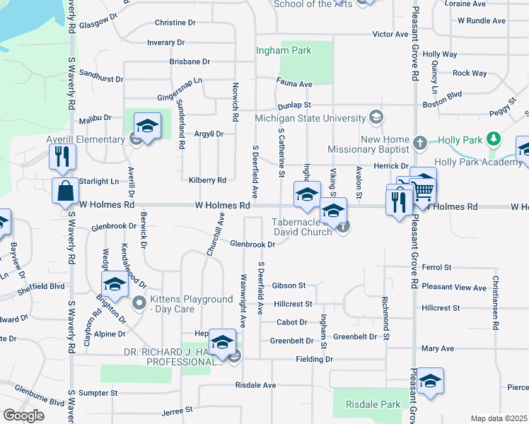 map of restaurants, bars, coffee shops, grocery stores, and more near 3001 West Holmes Road in Lansing
