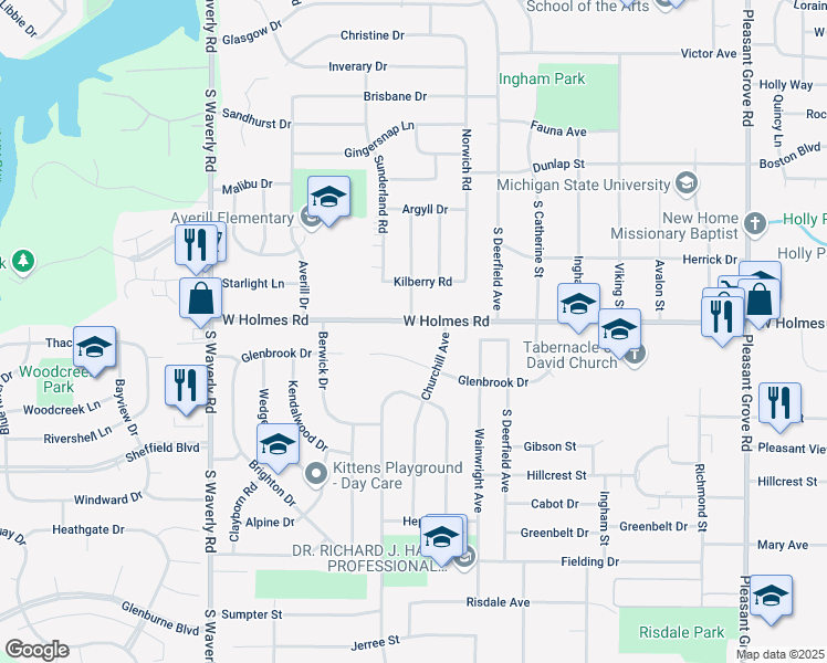 map of restaurants, bars, coffee shops, grocery stores, and more near 3325 West Holmes Road in Lansing
