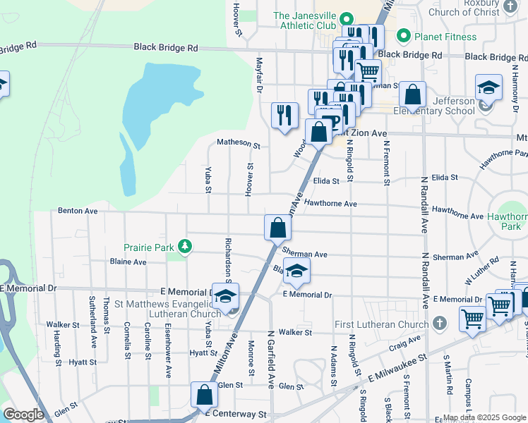 map of restaurants, bars, coffee shops, grocery stores, and more near 951 Benton Avenue in Janesville