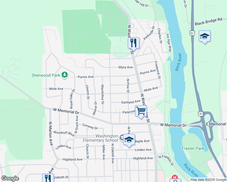 map of restaurants, bars, coffee shops, grocery stores, and more near 1703 Barham Avenue in Janesville