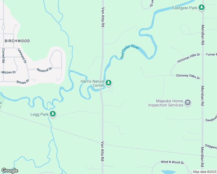 map of restaurants, bars, coffee shops, grocery stores, and more near 3998 Van Atta Road in Meridian charter Township
