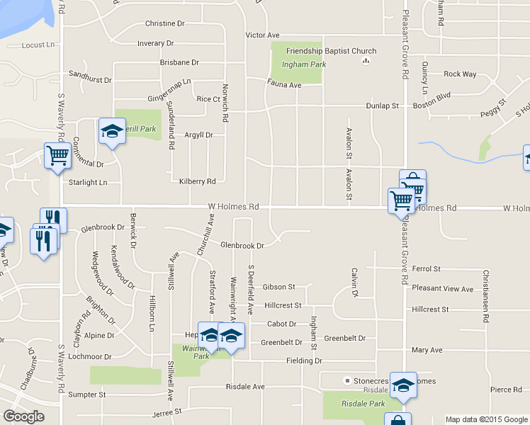 map of restaurants, bars, coffee shops, grocery stores, and more near 3001 West Holmes Road in Lansing