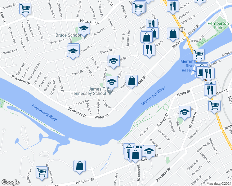map of restaurants, bars, coffee shops, grocery stores, and more near 116 Hancock Street in Lawrence