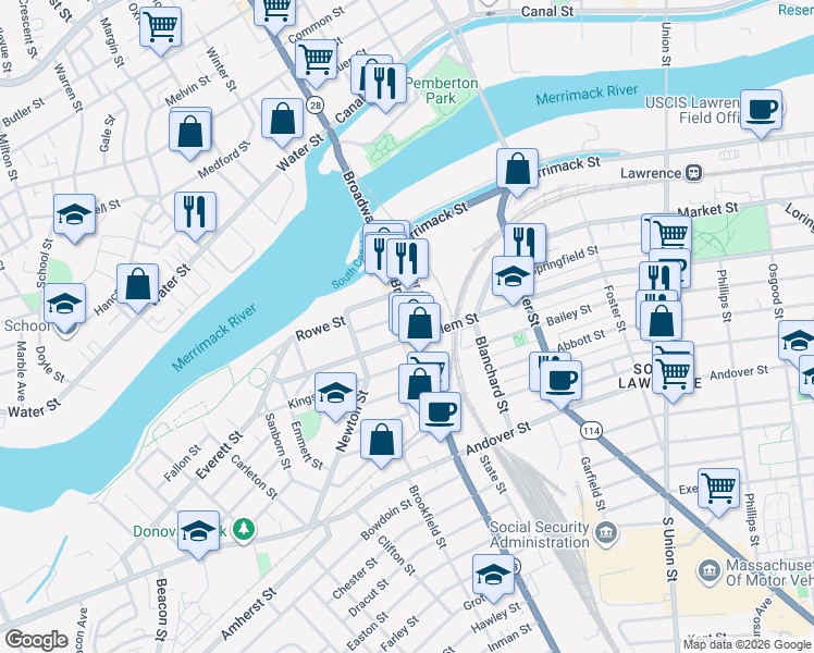 map of restaurants, bars, coffee shops, grocery stores, and more near 95 South Broadway in Lawrence