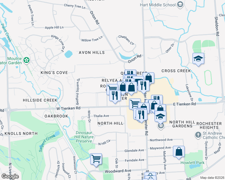 map of restaurants, bars, coffee shops, grocery stores, and more near 1133 Tienken Court in Rochester Hills