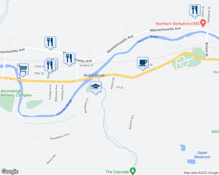 map of restaurants, bars, coffee shops, grocery stores, and more near 61 Notch Road in North Adams