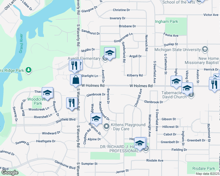 map of restaurants, bars, coffee shops, grocery stores, and more near 3401 Berwick Drive in Lansing