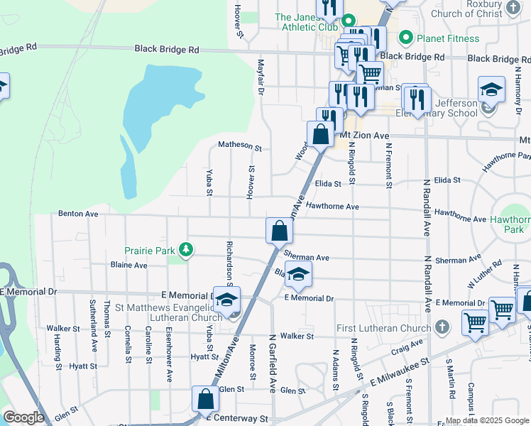 map of restaurants, bars, coffee shops, grocery stores, and more near 951 Benton Avenue in Janesville