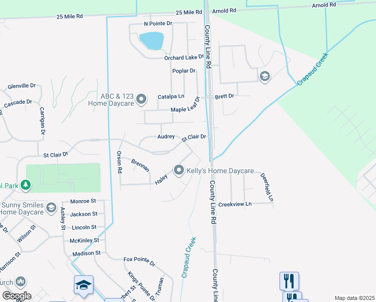 map of restaurants, bars, coffee shops, grocery stores, and more near 36727 Haley in New Baltimore