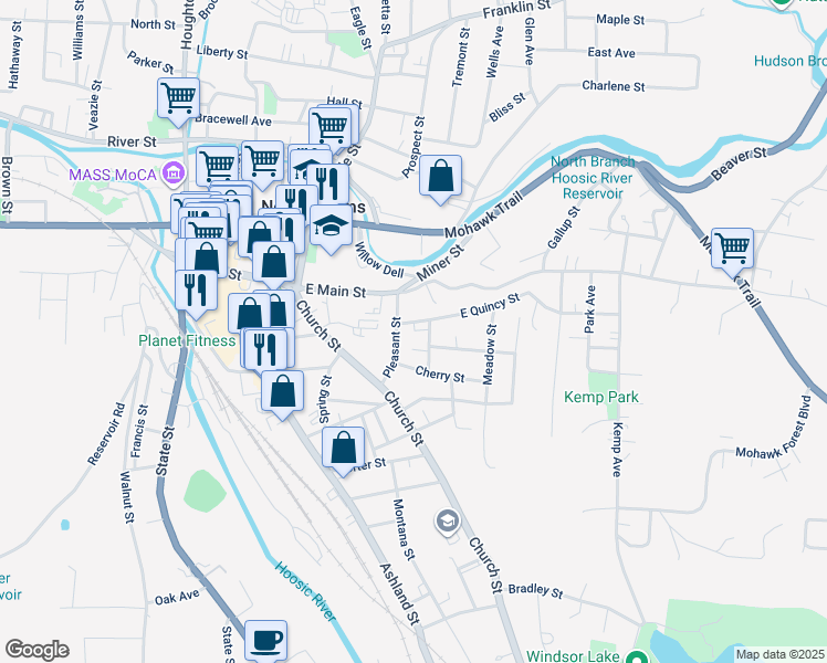 map of restaurants, bars, coffee shops, grocery stores, and more near 26 East Quincy Street in North Adams