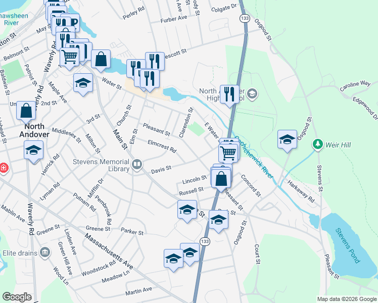 map of restaurants, bars, coffee shops, grocery stores, and more near 93 Pleasant Street in North Andover