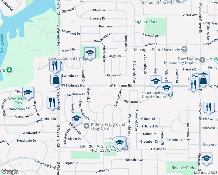 map of restaurants, bars, coffee shops, grocery stores, and more near 3325 West Holmes Road in Lansing