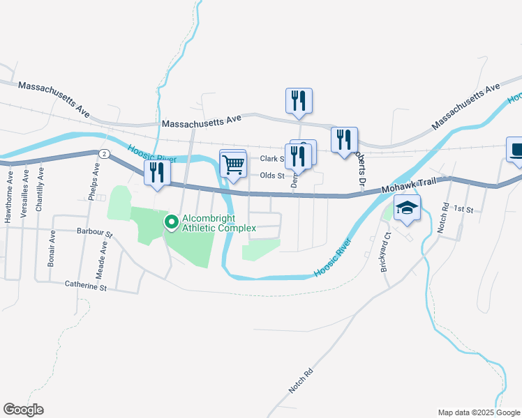 map of restaurants, bars, coffee shops, grocery stores, and more near 59 Angeli Street in North Adams