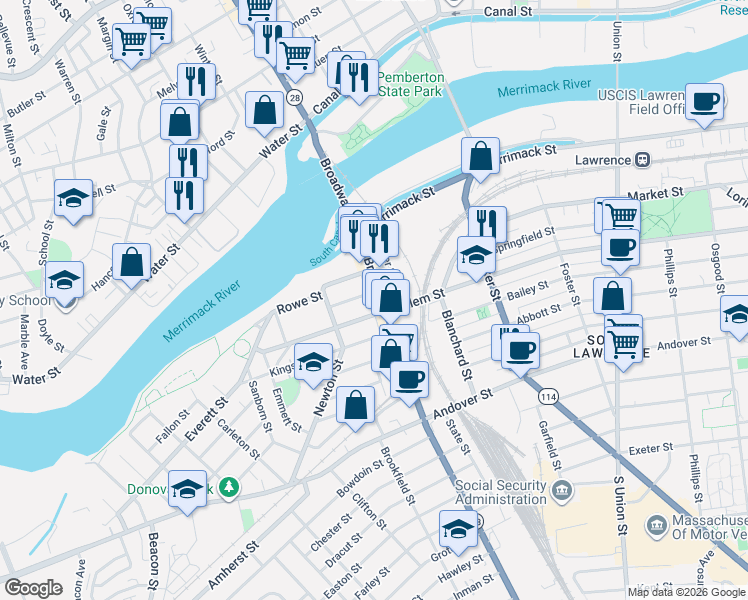 map of restaurants, bars, coffee shops, grocery stores, and more near 15 Crosby Street in Lawrence