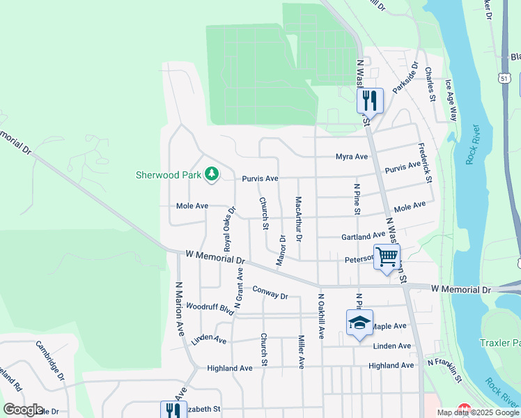 map of restaurants, bars, coffee shops, grocery stores, and more near 1311 Church Street in Janesville