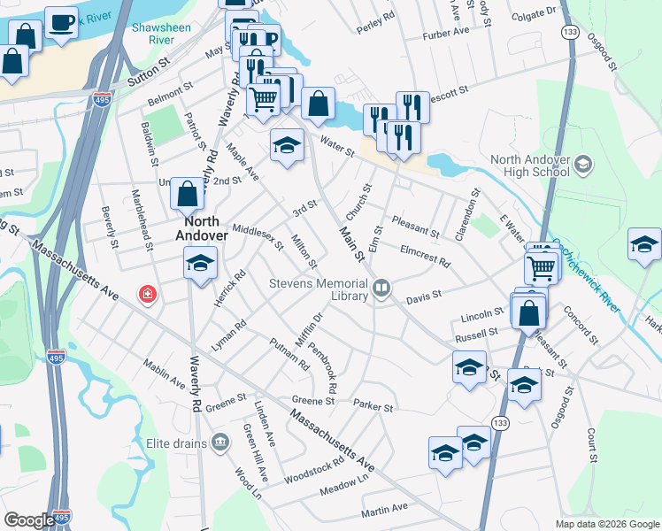 map of restaurants, bars, coffee shops, grocery stores, and more near 44 Milton Street in North Andover