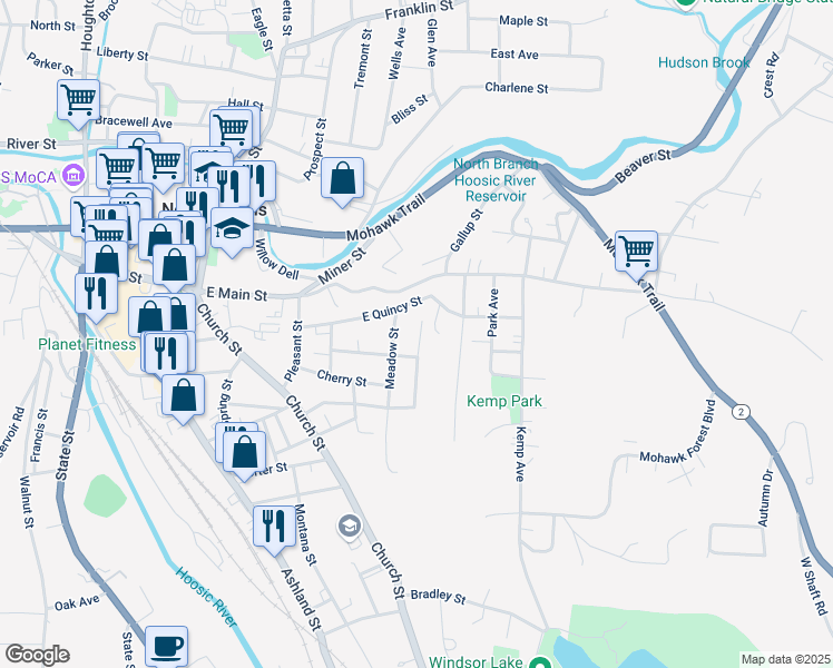 map of restaurants, bars, coffee shops, grocery stores, and more near 23 Yale Street in North Adams