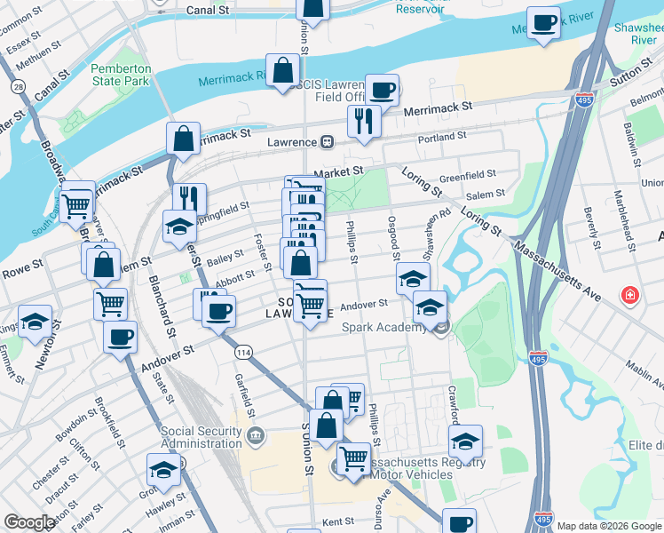 map of restaurants, bars, coffee shops, grocery stores, and more near 125 Abbott Street in Lawrence