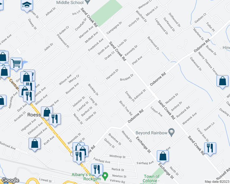map of restaurants, bars, coffee shops, grocery stores, and more near 25 Commodore Street in Albany