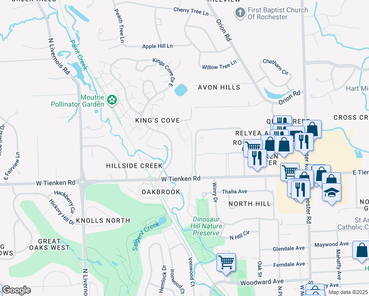 map of restaurants, bars, coffee shops, grocery stores, and more near 1691 Cliff View Drive in Rochester Hills