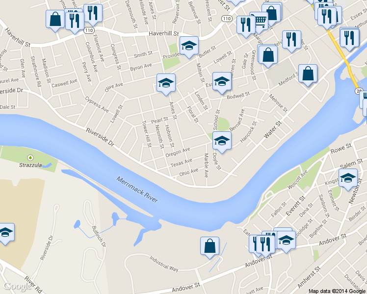map of restaurants, bars, coffee shops, grocery stores, and more near 62 Ames Street in Lawrence