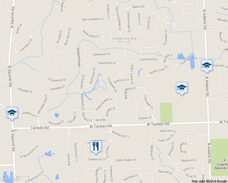 map of restaurants, bars, coffee shops, grocery stores, and more near 1309 Kingspath Drive in Rochester Hills