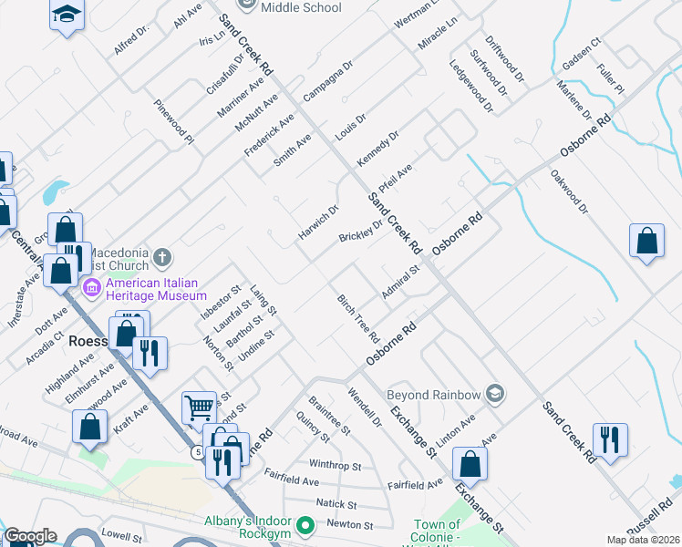 map of restaurants, bars, coffee shops, grocery stores, and more near 18 Commodore Street in Albany