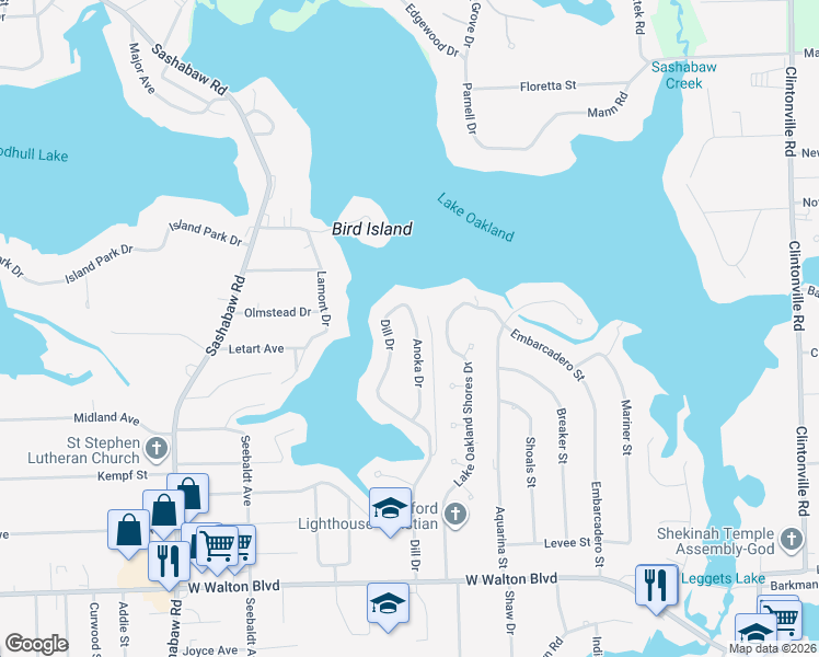 map of restaurants, bars, coffee shops, grocery stores, and more near 3935 Anoka Dr in Waterford Township