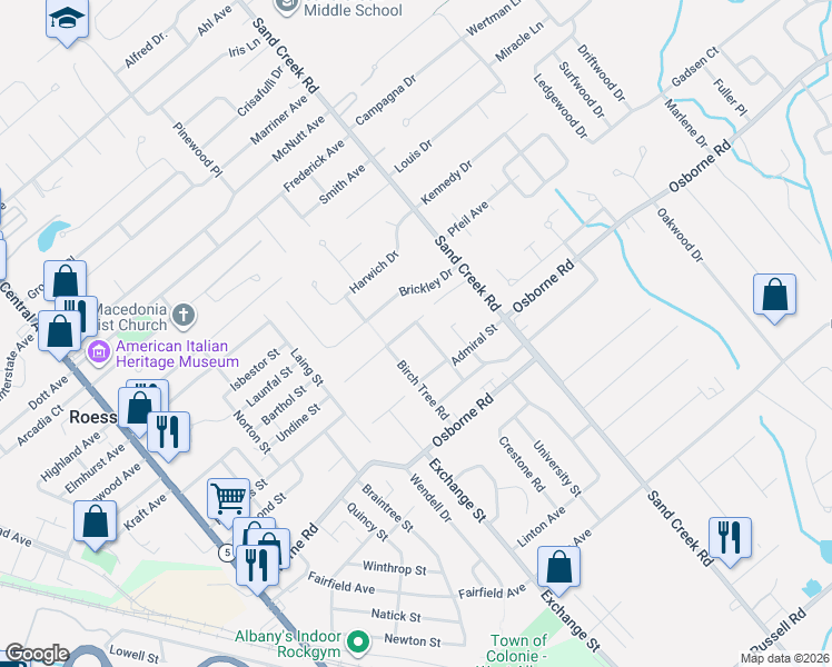 map of restaurants, bars, coffee shops, grocery stores, and more near 18 Commodore Street in Albany