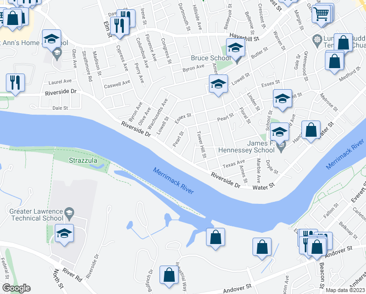 map of restaurants, bars, coffee shops, grocery stores, and more near 20 Cypress Avenue in Lawrence