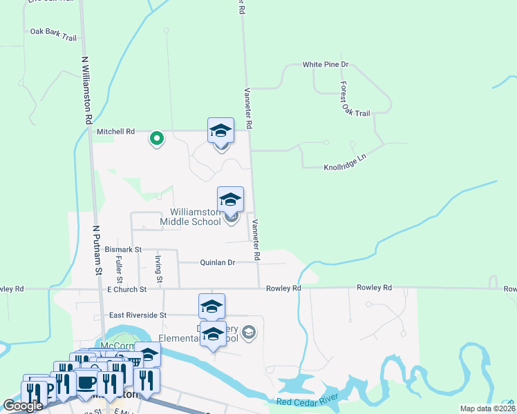 map of restaurants, bars, coffee shops, grocery stores, and more near 3841-3845 Vanneter Rd in Williamston