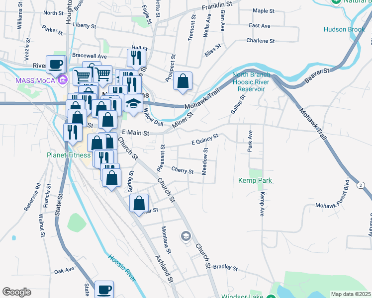 map of restaurants, bars, coffee shops, grocery stores, and more near 2-22 Wall Street in North Adams