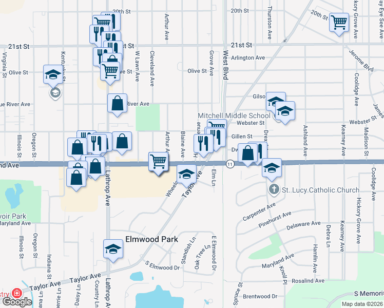 map of restaurants, bars, coffee shops, grocery stores, and more near 2904 Hayes Avenue in Racine