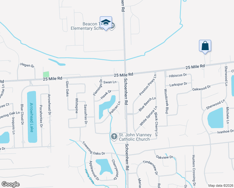 map of restaurants, bars, coffee shops, grocery stores, and more near 54781 Pelican Lane in Shelby Township